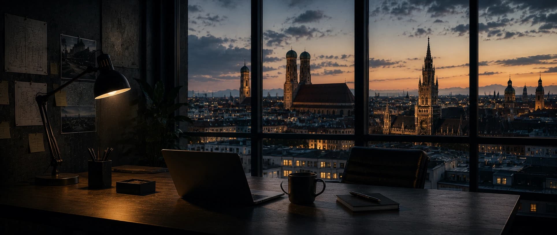 Schreibtisch bei Nacht mit aufgeklapptem Laptop und Schreibtischlampe vor einer Glasfront mit Stadtsilhouette.