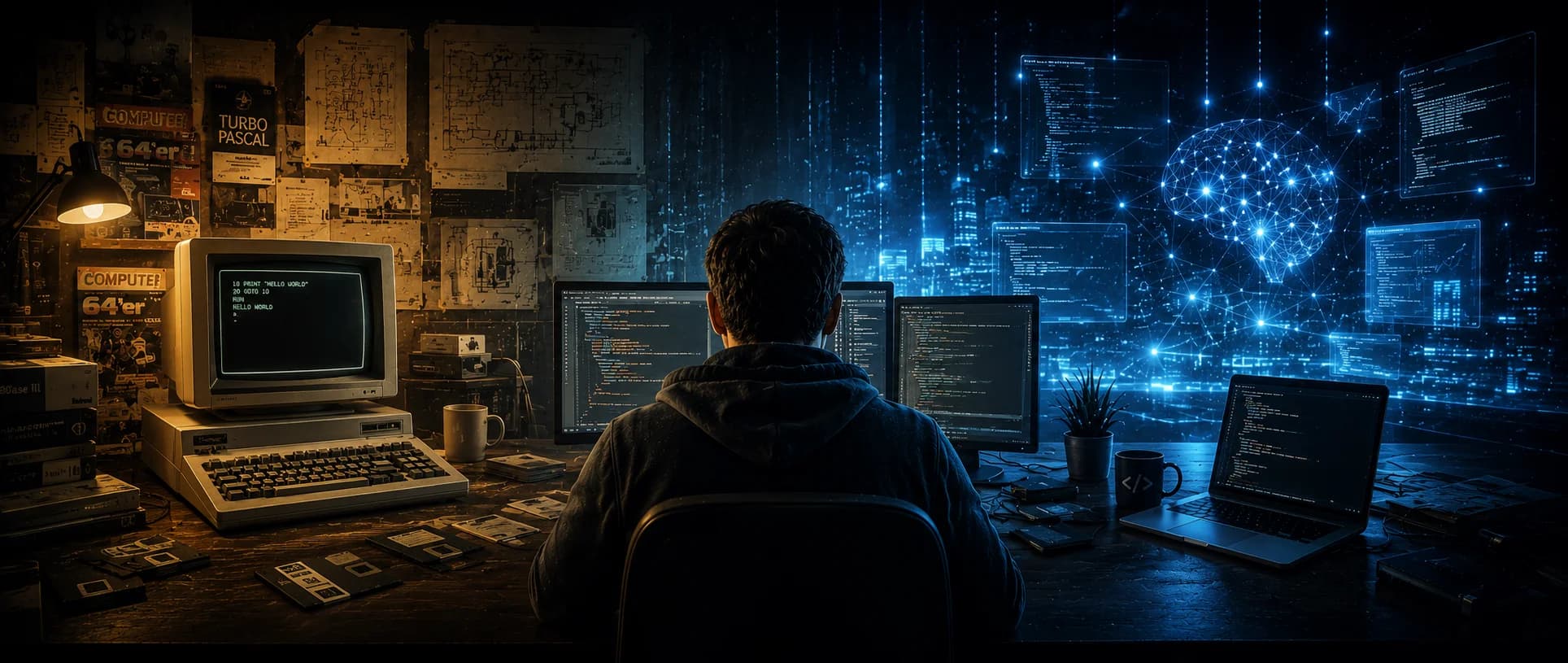Entwickler am Schreibtisch zwischen Retro-CRT und futuristischer blauer Stadtsilhouette mit Datenvisualisierungen — drei Hype-Zyklen in einem Bild.